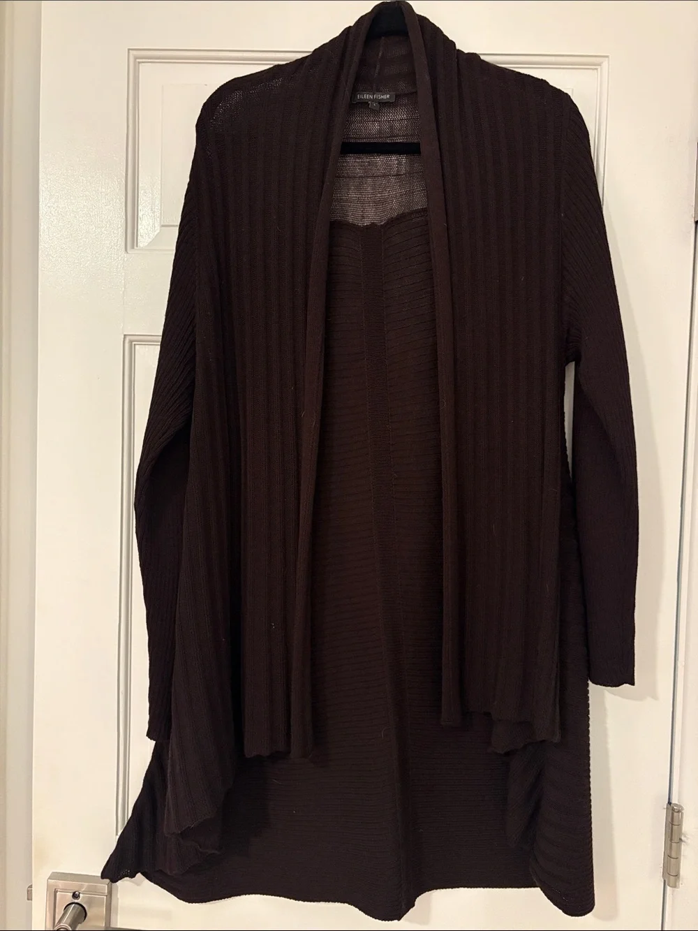 Eileen Fisher 100% Wool Ribbed Draped Open-Front Cardigan in Deep Brown